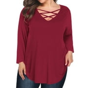 JYLFC Plus Size Shirts for Women Criss Cross Neck Long Sleeve T-Shirts, Burgundy 3XL